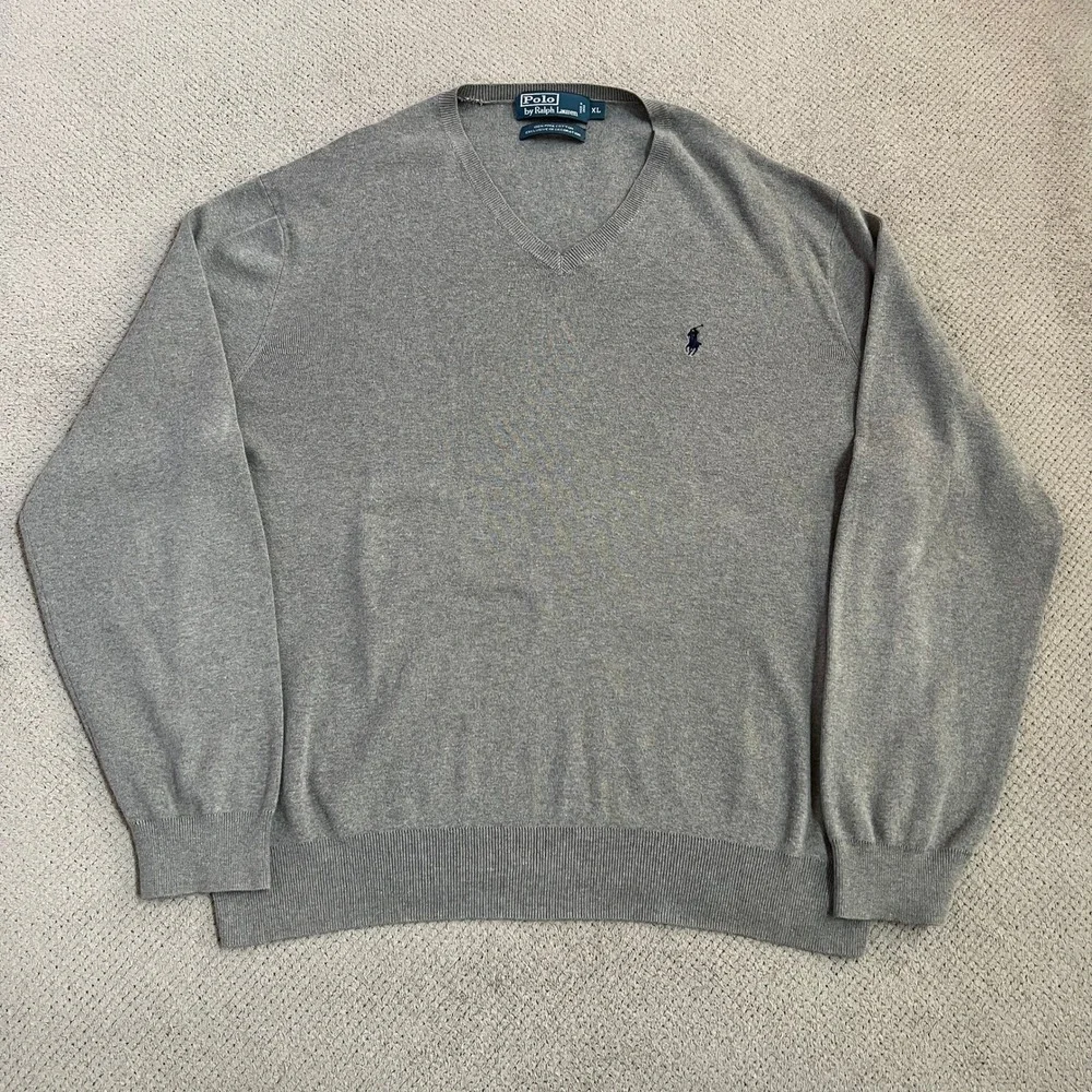 Vintage 2000s Polo Ralph Lauren Grey V-Neck‎ Pima Cotton Sweater XL
